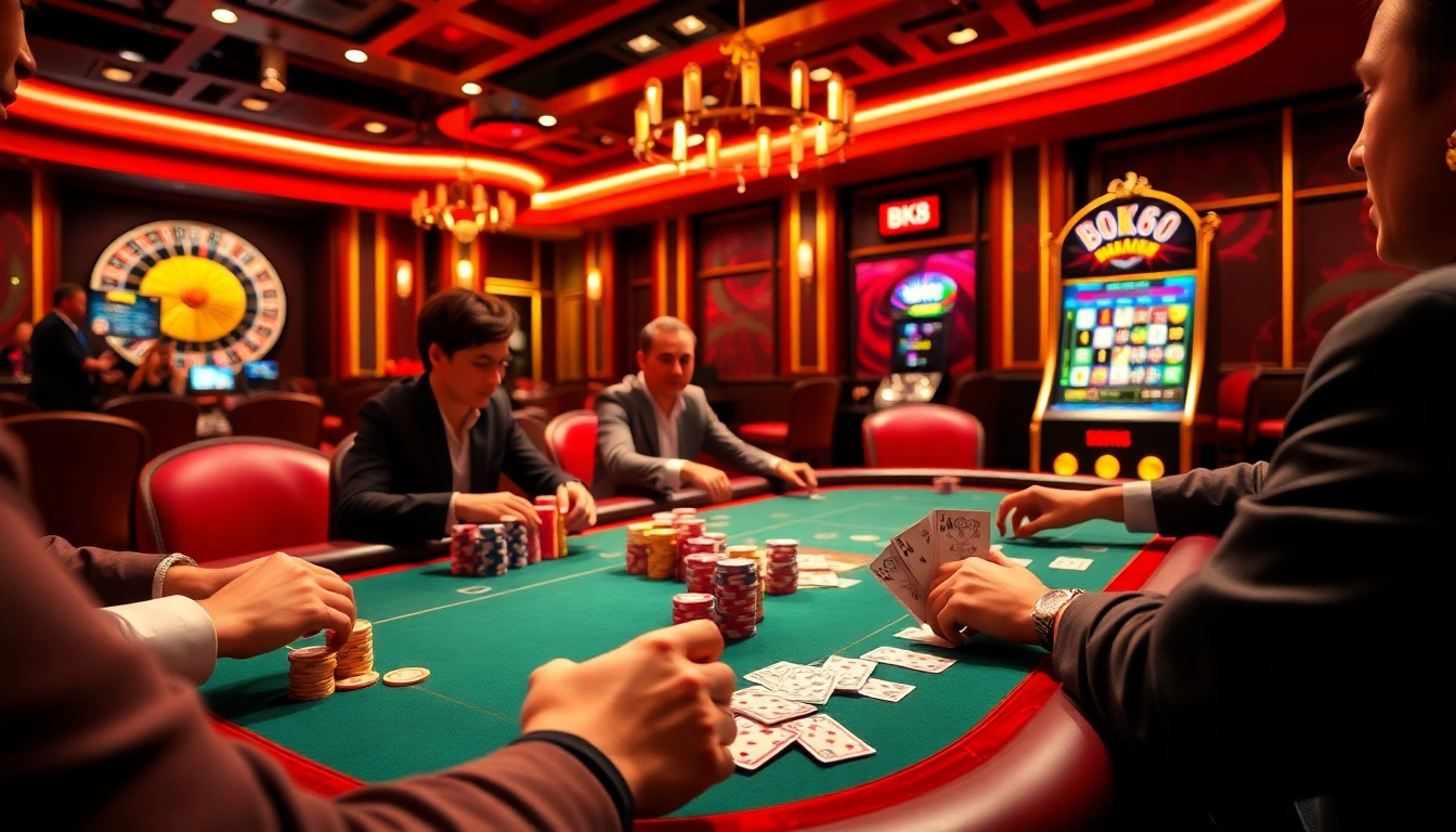 Experience the thrill of BK8 with players enjoying poker, roulette, and jackpot slots in a vibrant casino scene.