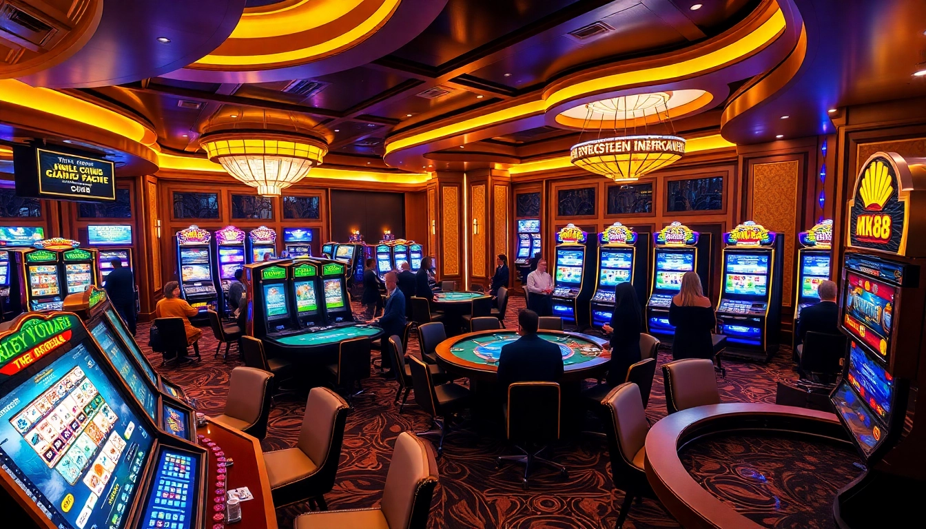 Players enjoying immersive casino games at mk8 with vibrant slot machines, poker, and roulette tables.