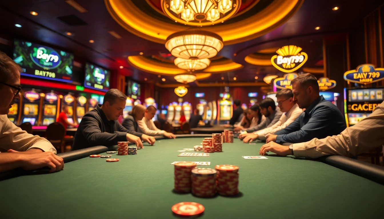 Players experiencing high-stakes excitement at Bay789’s vibrant poker table in a luxury casino setting.