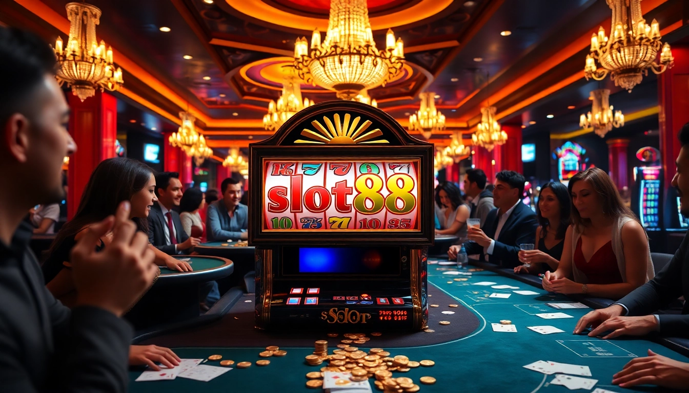 Excited players celebrating wins on the slot88 machine in a vibrant casino atmosphere.