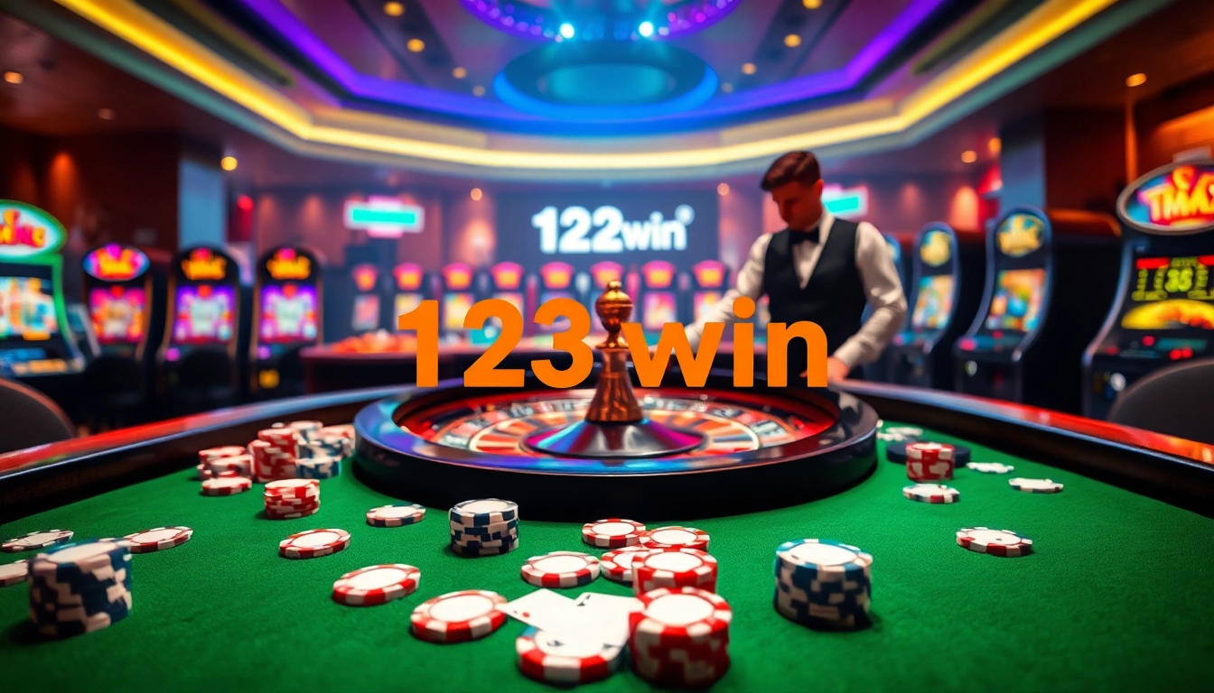 Experience the excitement of 123win at a vibrant casino table with cards and roulette.