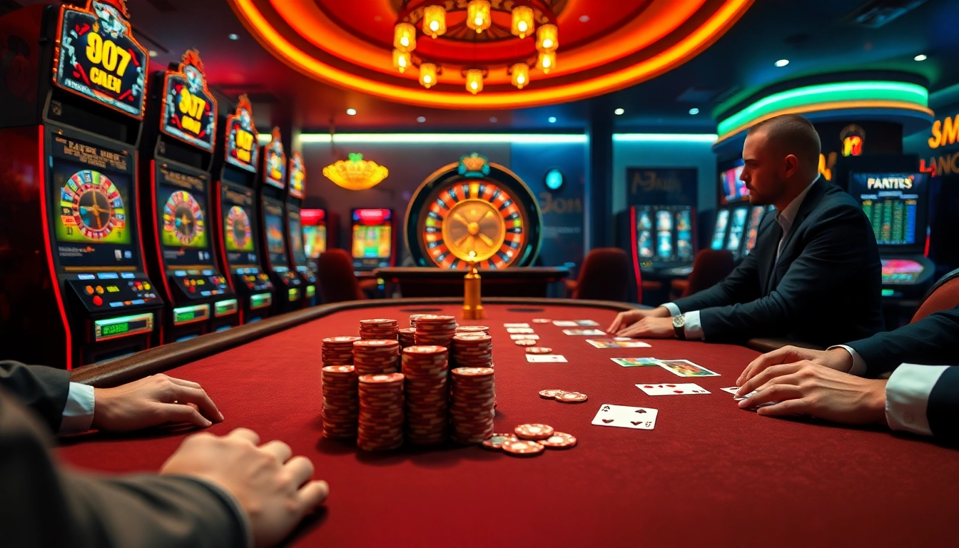 Excited players gambling at the poker table at ee88 .com, surrounded by vibrant slot machines and a roulette wheel.