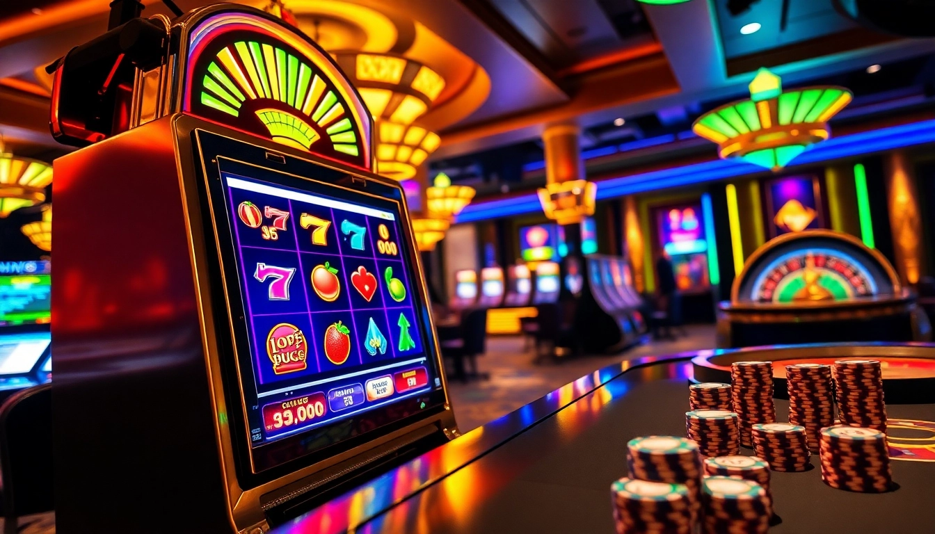 Spin the reels at a luxurious slot online casino with vibrant machines and poker chips.