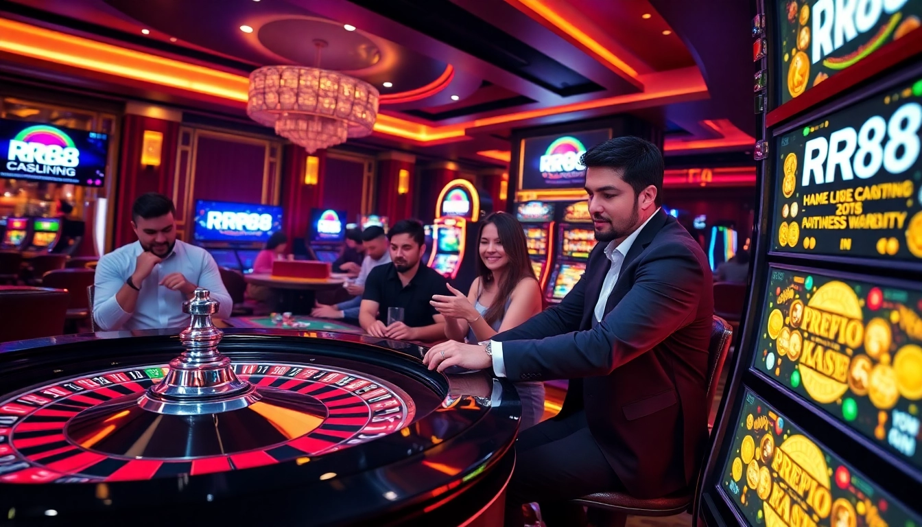 Players enjoying games at an RR88 online casino with vibrant slot machines and roulette.