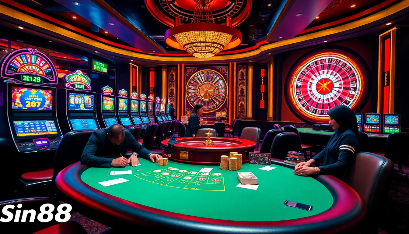 Engaging players at sin88 casino table with vibrant slot machines and elegant roulette wheel.