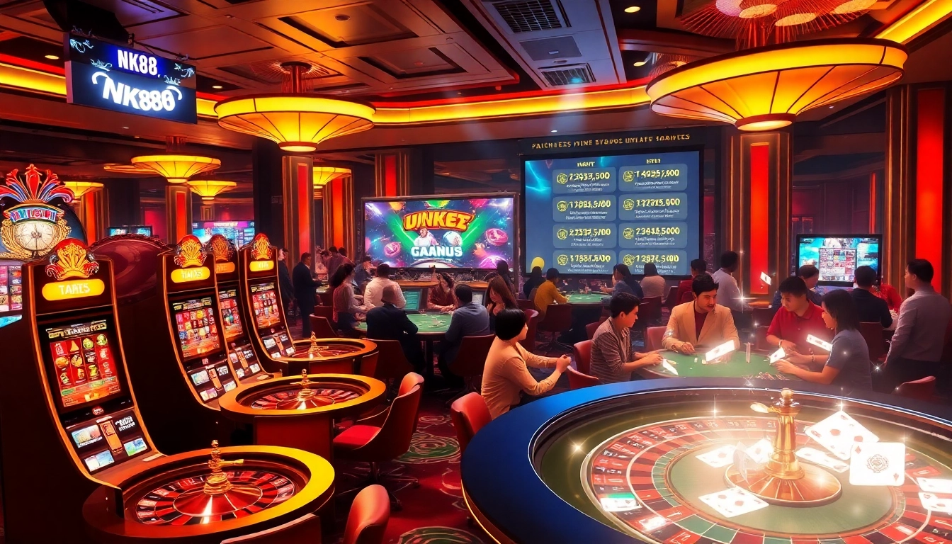 NK88 online casino scene showcasing vibrant games and dynamic players in an engaging atmosphere