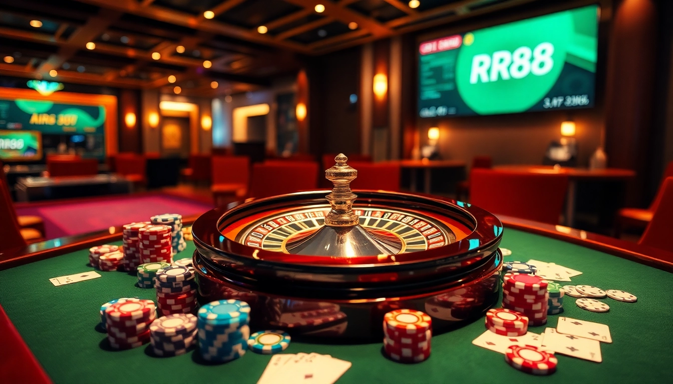 Players enjoying an exciting moment at RR88's roulette table, surrounded by vibrant poker chips and cards.