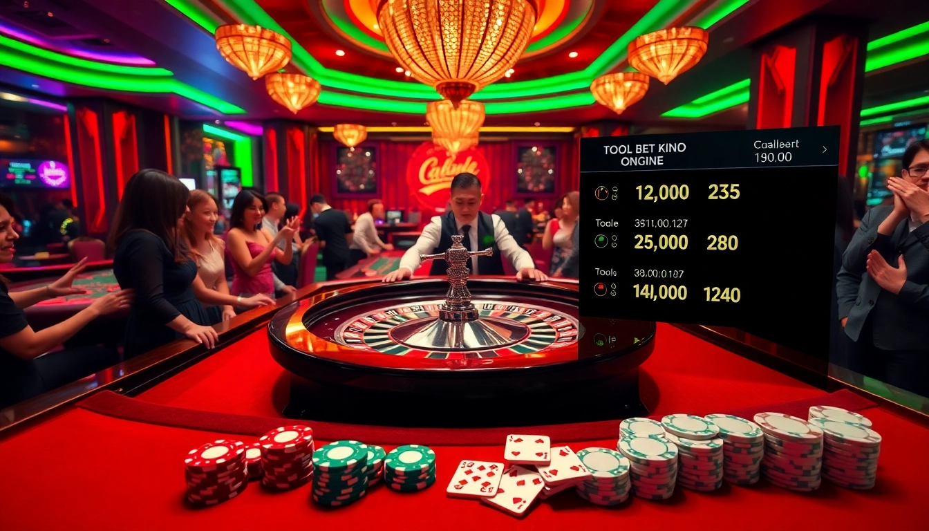 Players engaging with Tool xổ số siêu tốc at a lively roulette table in a dazzling casino setting.