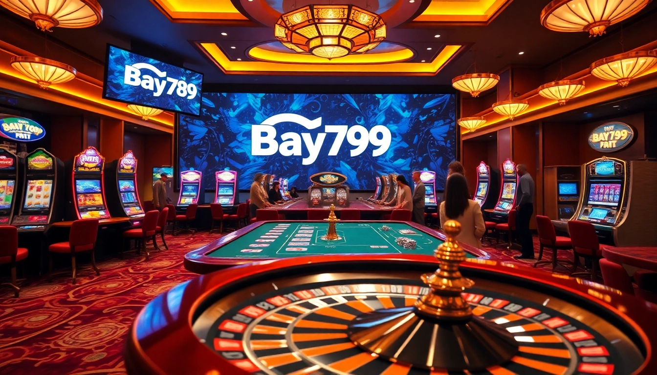 Bay789 casino scene featuring poker, roulette, and slot machines in vibrant colors.