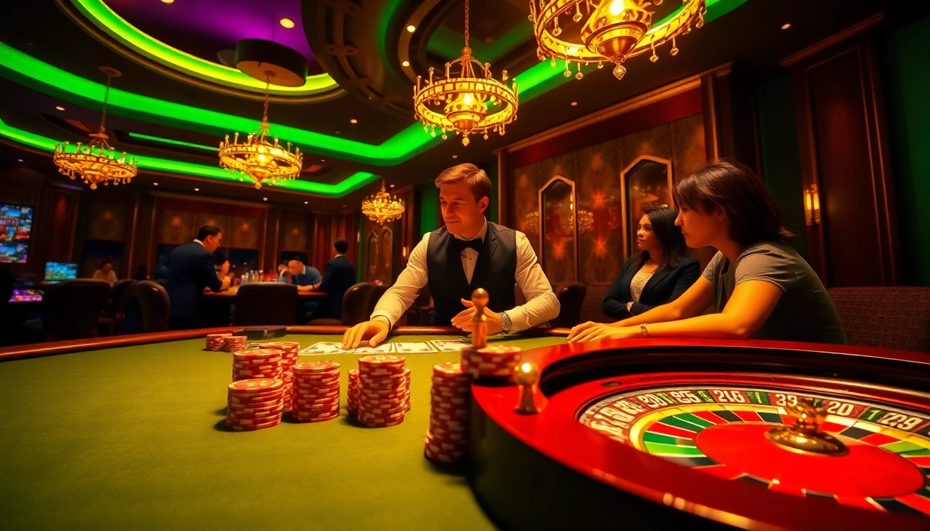 Experience the excitement of Rikvip with dynamic online casino action, showcasing poker chips and tables.