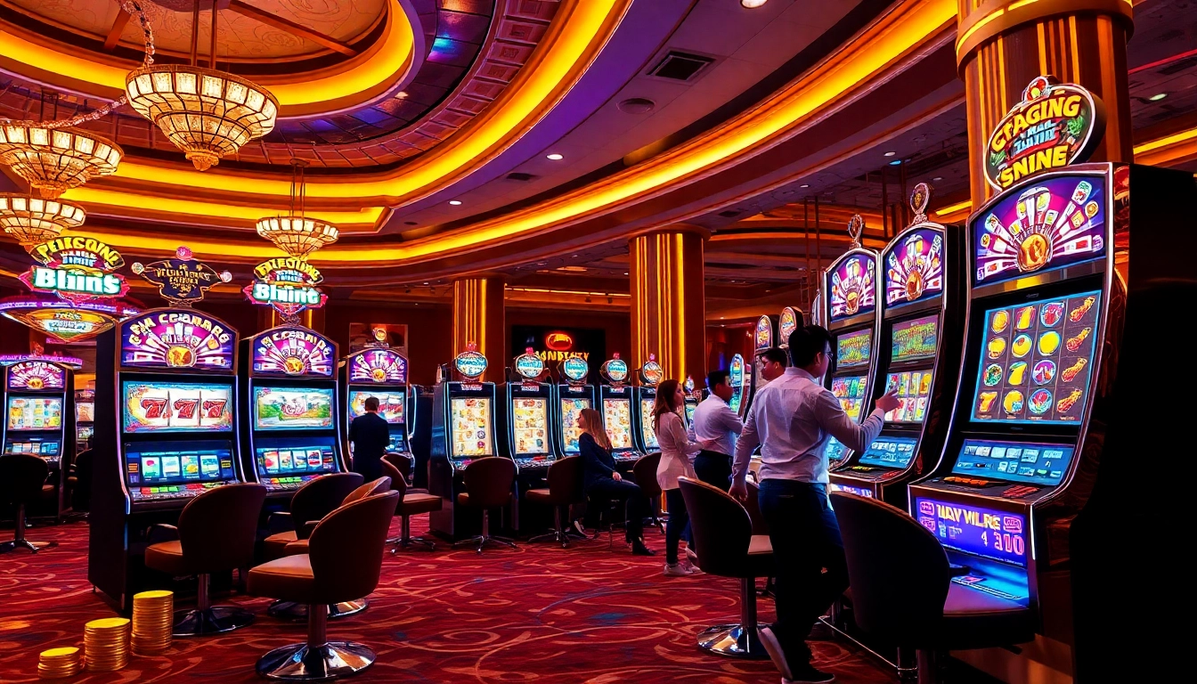 Experience the excitement of slot gacor with vibrant slot machines interacting with thrilled players in a luxurious casino.