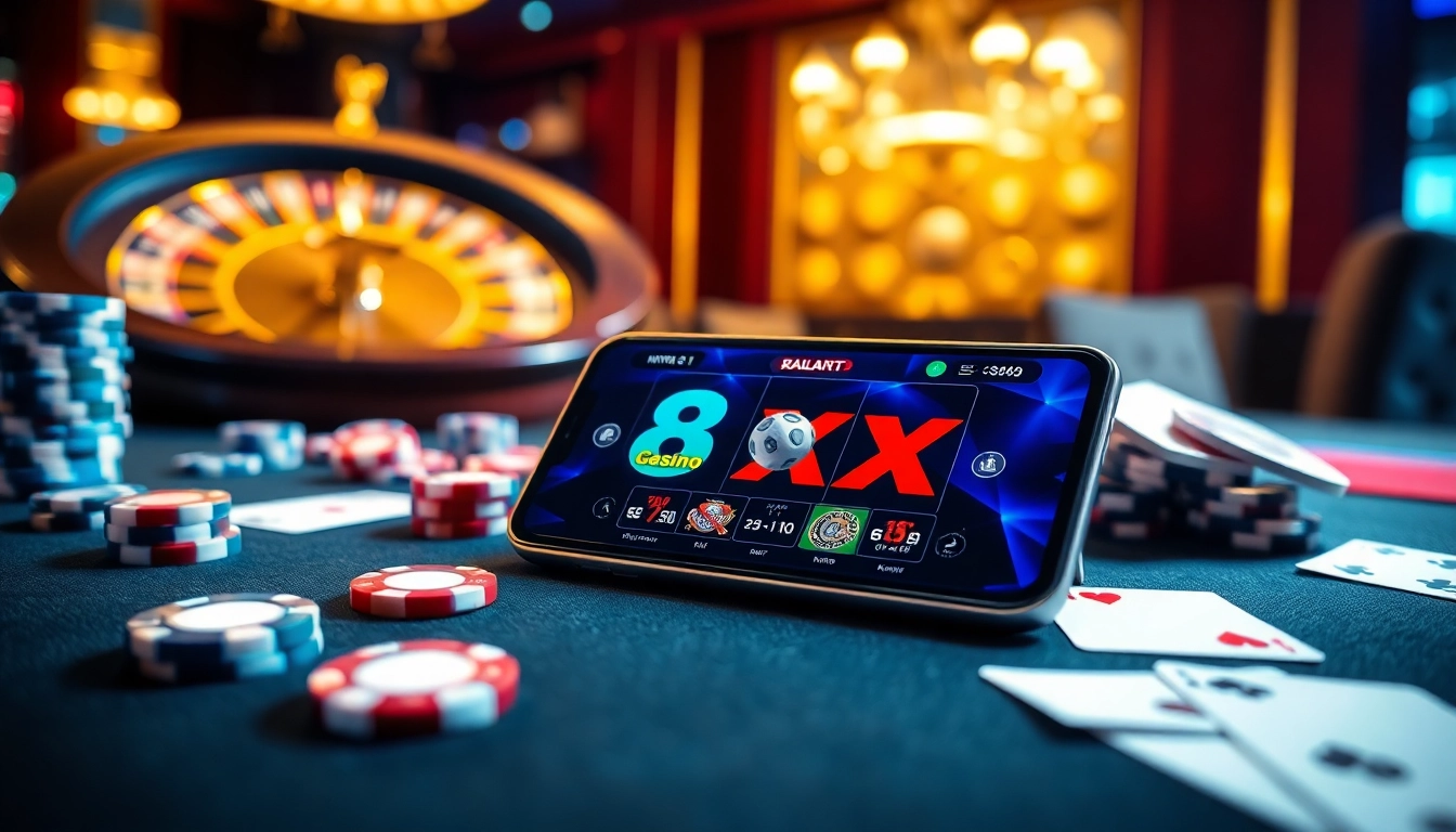 The app 8xx interface displayed on a smartphone among vibrant casino elements like poker chips and dice.