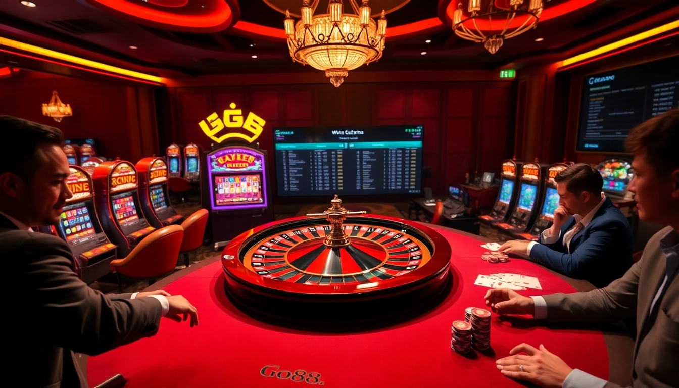 A vibrant casino scene featuring go88. with players at a roulette wheel and poker table, showcasing high-stakes excitement.