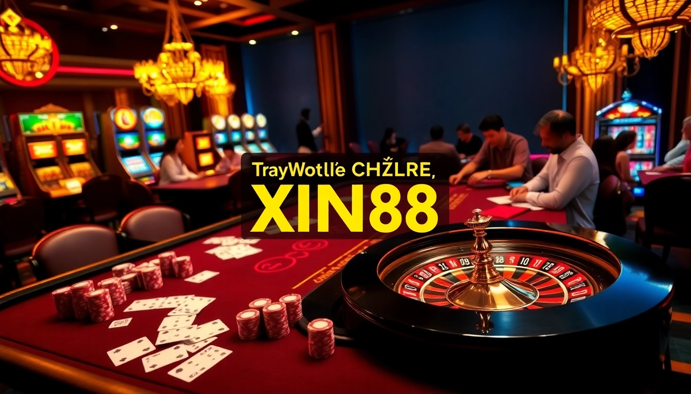 Engaging players at Trang Chủ XIN88, enjoying various gaming tables and vibrant slot machines.