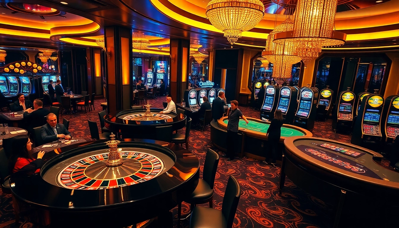 KJC highlights an exciting casino scene with players at poker tables and slot machines.