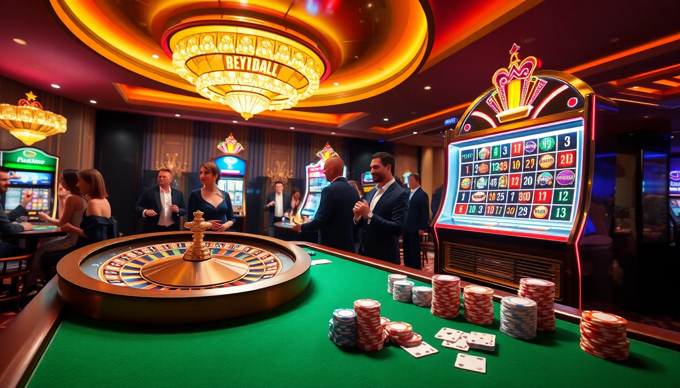 Experience thrilling gambling at Bro138, featuring a vibrant casino scene with roulette and slots.