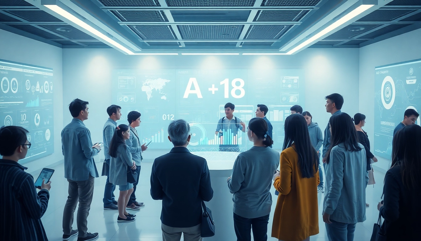 A dynamic AI technology workspace illustrating innovative interactions around ia +18 applications.
