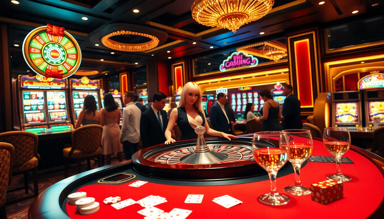 Experience the excitement at NHÀ CÁI NOHU90 with a luxurious casino environment featuring a roulette table and vibrant slot machines.