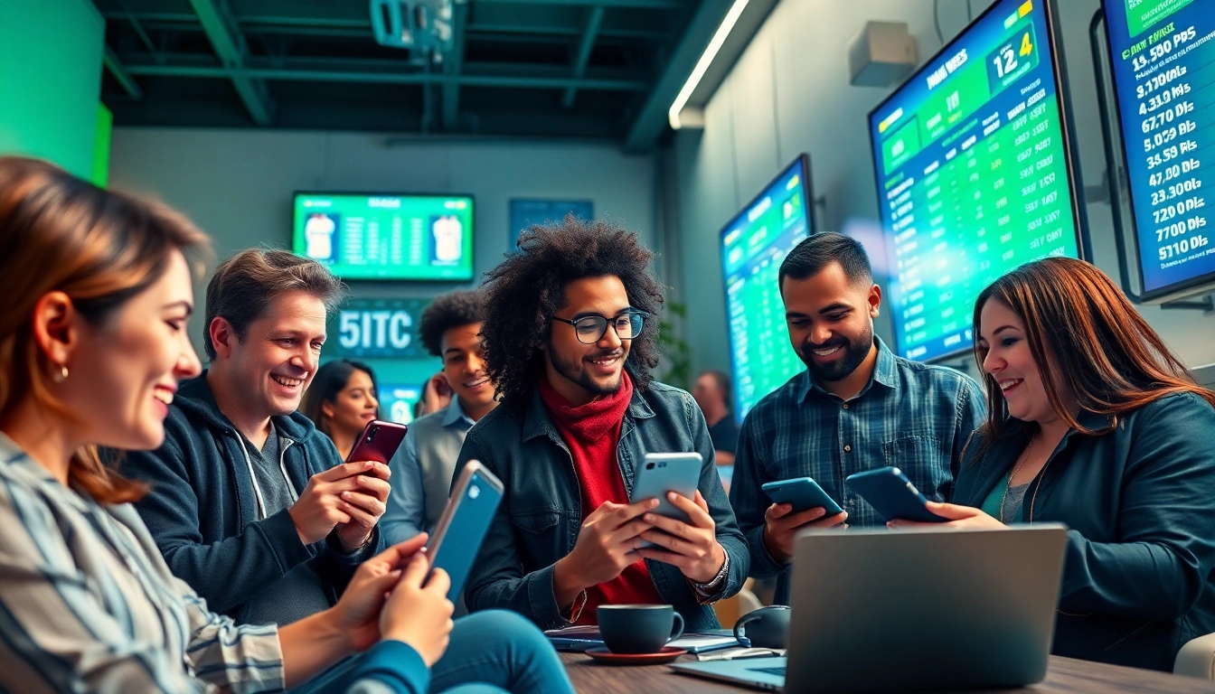 Football betting scene analyzing keonhacai odds with enthusiastic fans in a lively environment.