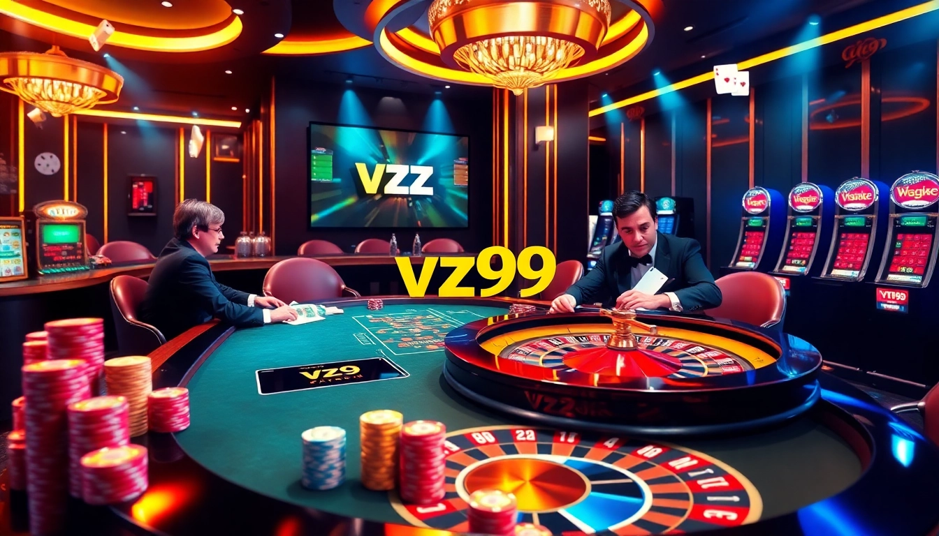 Engage with vz99's vibrant casino scene featuring poker tables and roulette wheels.