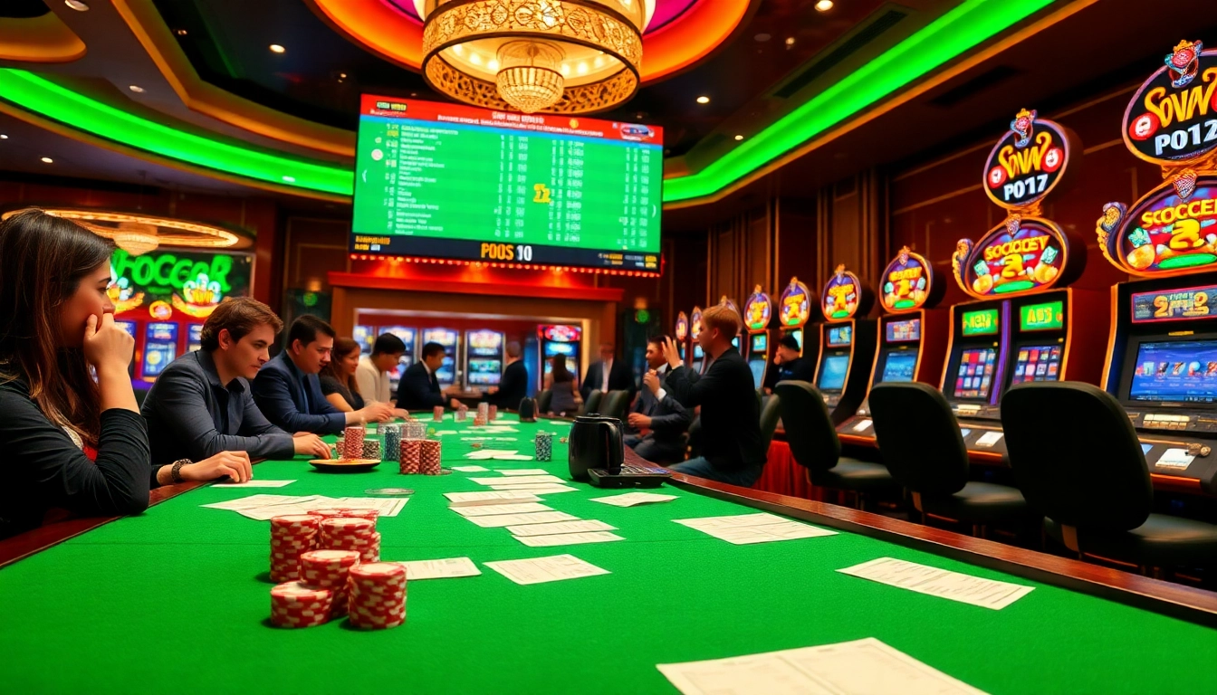 Excited bettors engaging in Judi Bola Online at a vibrant casino scene, showcasing sports betting slips and live match odds.