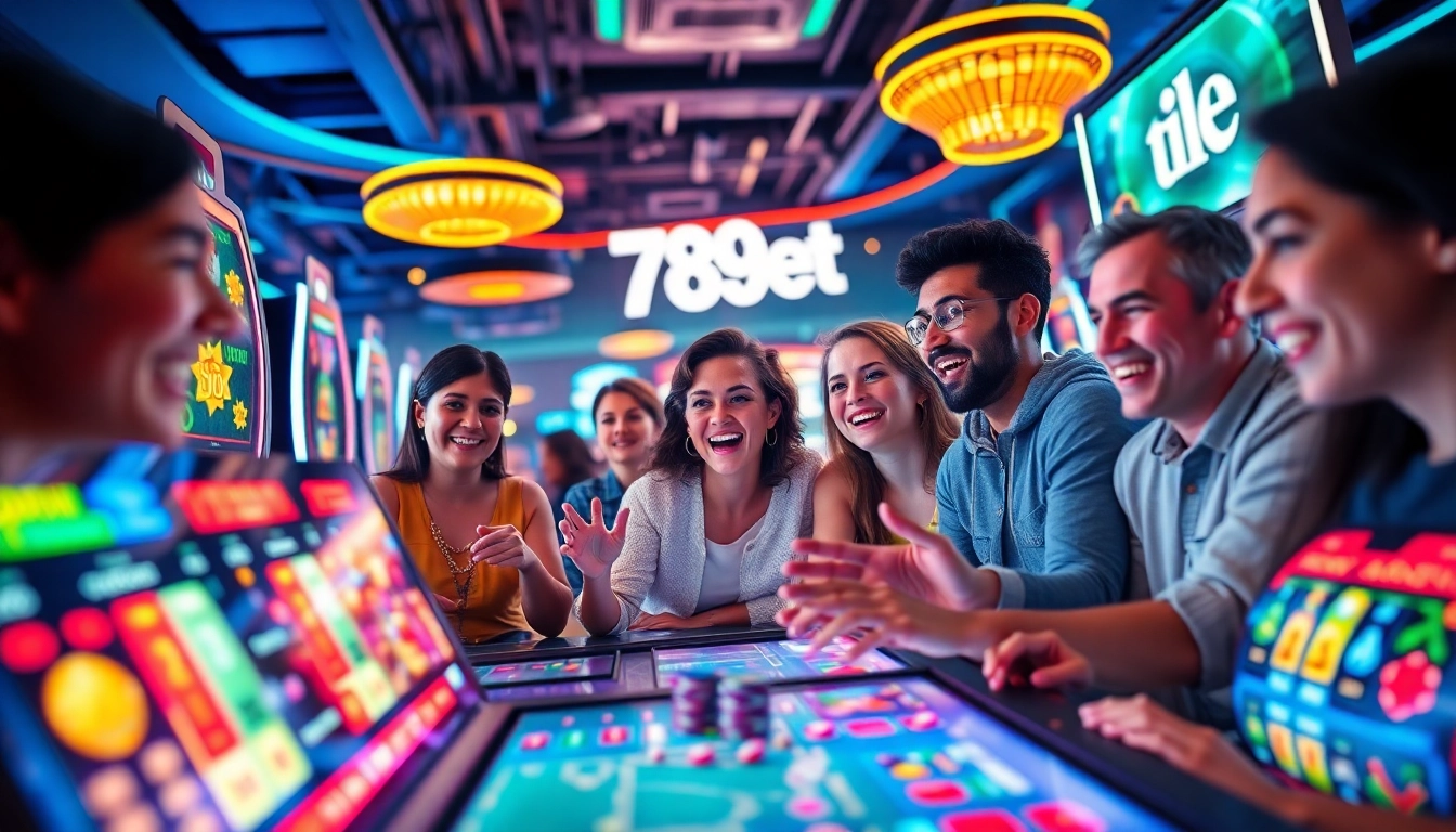 Exciting online gaming scene featuring players at 789bet, enjoying poker and slot games in a vibrant casino environment.
