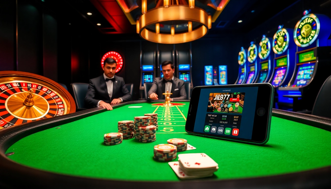 Experience high-stakes gaming with Jili777 Official as players engage at a luxurious casino table surrounded by slot machines.