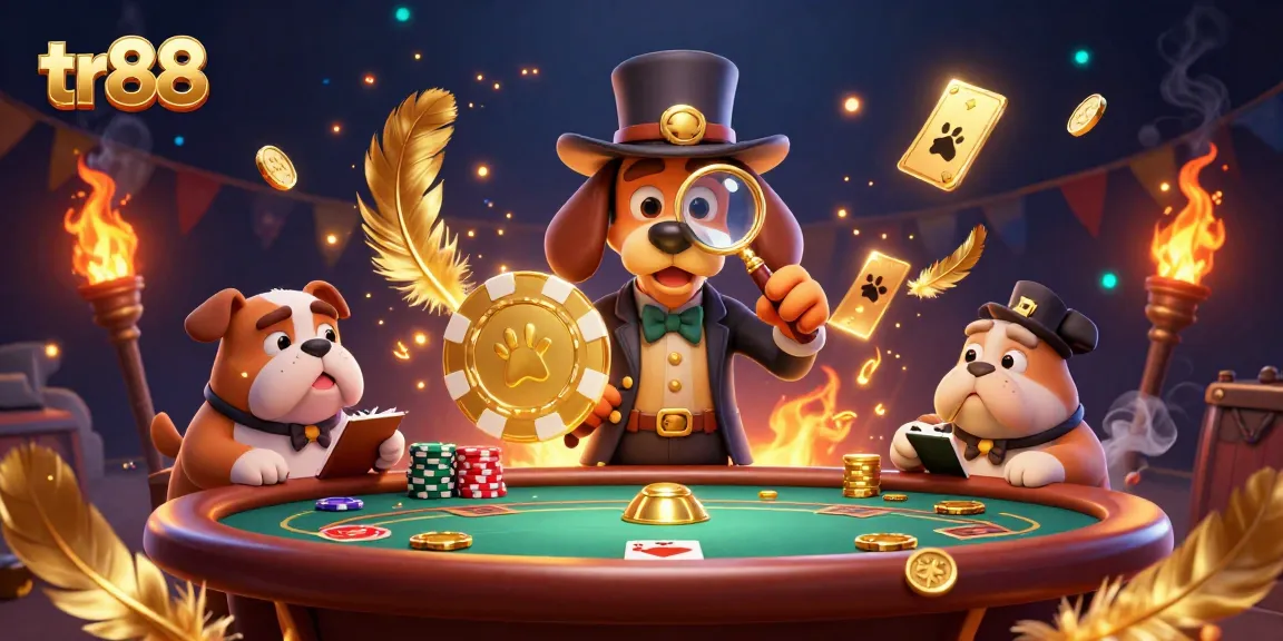 Join the tr88 adventure as a detective duo uncovers poker treasures amidst swirling golden flames and chips.