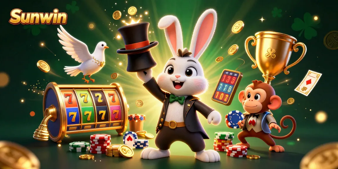 Sunwin offers exciting slot games with a playful magician rabbit, coins, and vibrant casino elements.