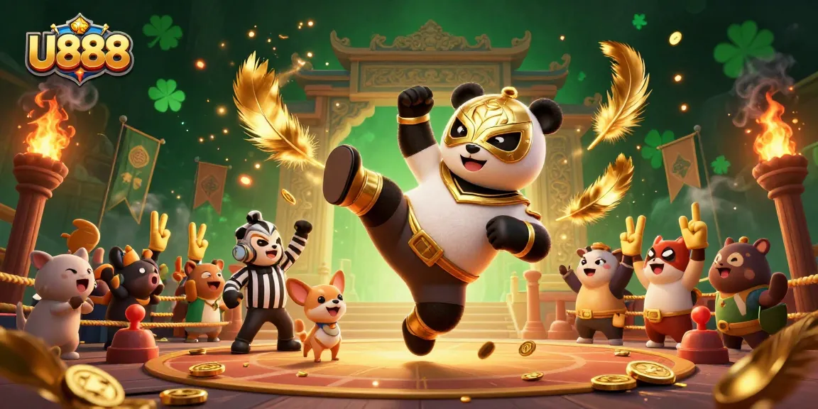 Experience U888's action with a panda wrestler kicking in a vibrant casino setting.