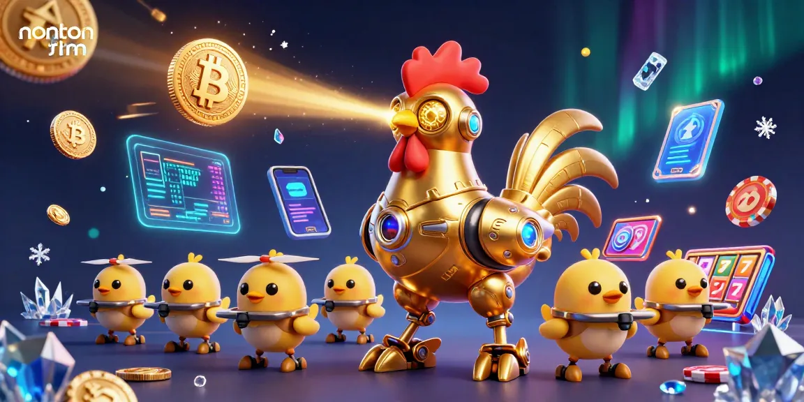 Nonton film with a retro-futuristic rooster robot, showcasing vibrant casino elements in a rich gaming atmosphere.