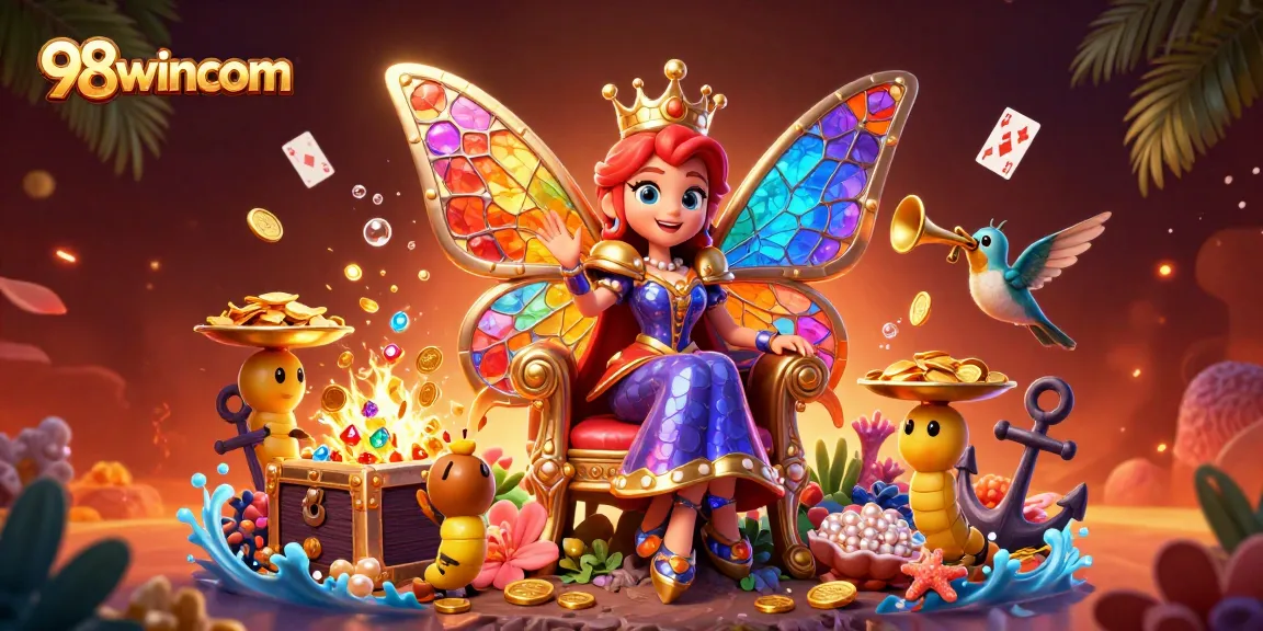 Experience the excitement of 98wincom with a vibrant casino-themed digital illustration featuring a butterfly queen and gaming elements.