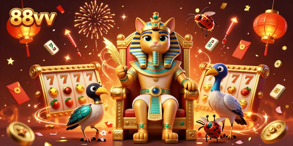 Experience the excitement of 88vv with a vibrant casino illustration featuring Egyptian and gambling elements.