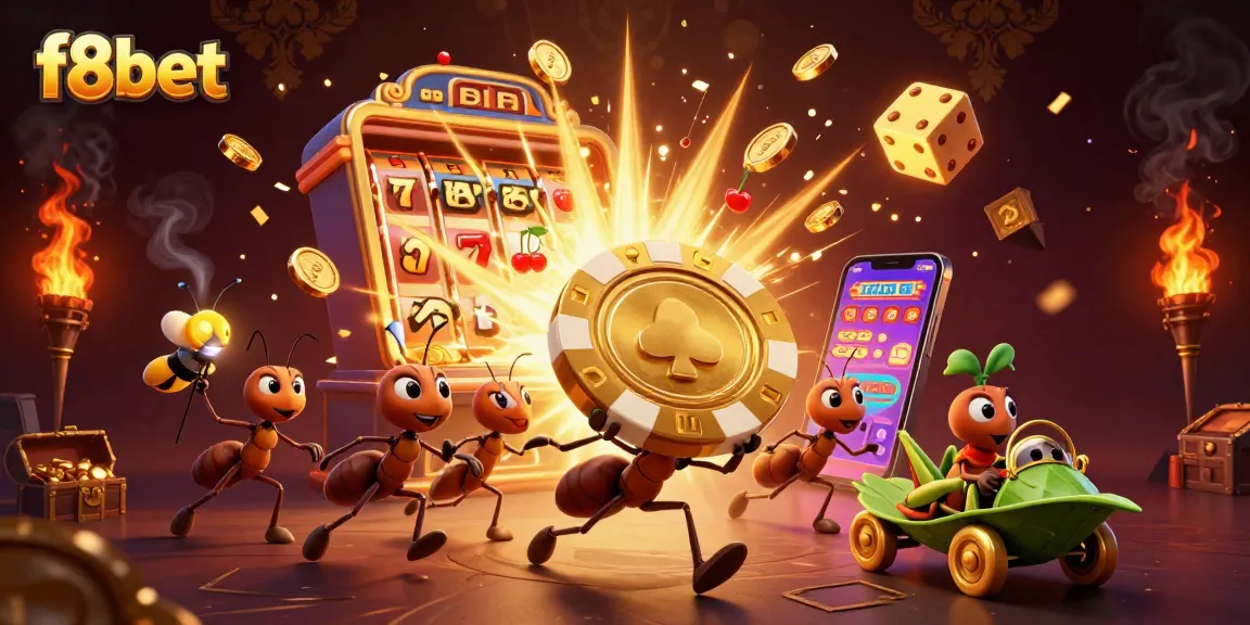 Experience thrilling gameplay with f8bet as ants carry a massive poker chip in a 3D heist scene.