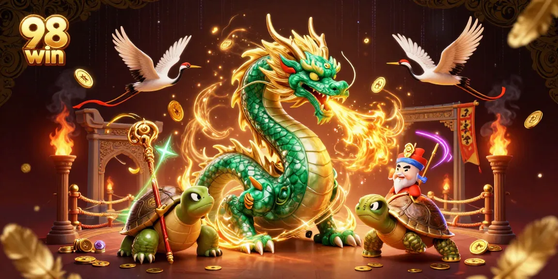 Engage with the vibrant 98 win scene featuring a jade dragon and lucky cranes amidst golden treasures.