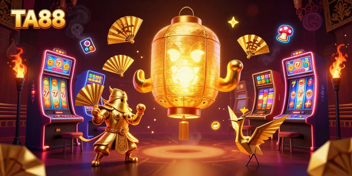 Experience thrilling gaming with TA88 at a vibrant casino scene featuring golden lanterns and slot machines.