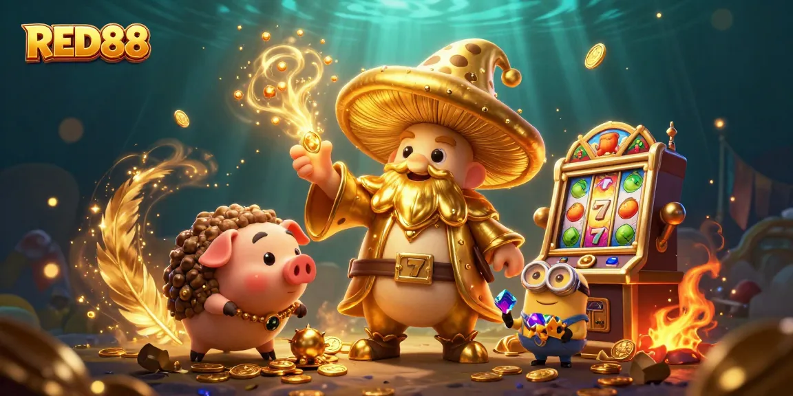 Experience the winning thrills of RED88 slots with magical characters in a vibrant casino scene.