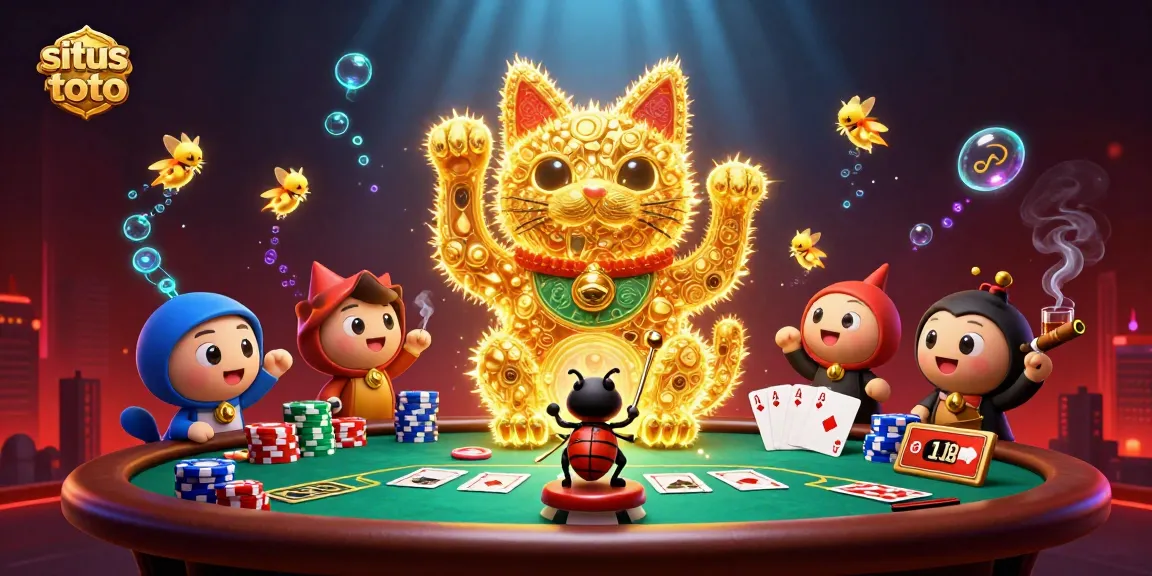 Experience the excitement of situs toto with a lucky cat and poker elements in a vibrant 3D scene.