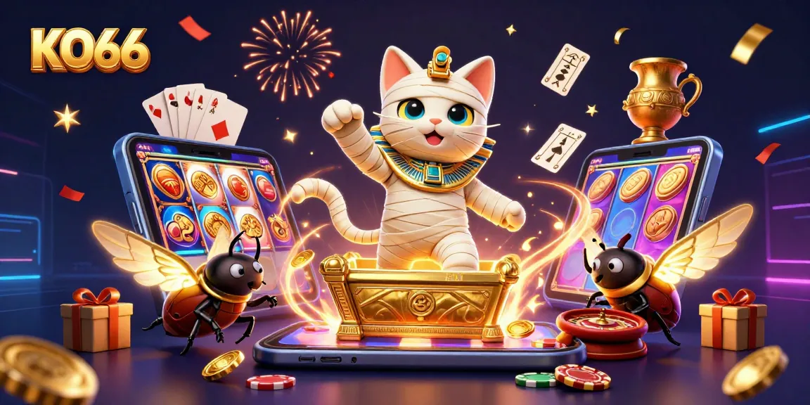 Experience thrilling gaming action at KO66 with a mummy cat, golden crystals, and floating cards.