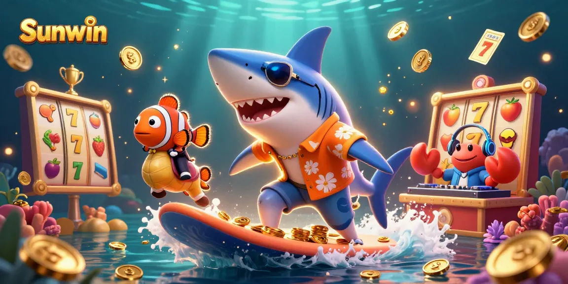 Experience exciting gameplay with Sunwin as the shark rides gold coins in a vibrant underwater casino scene.
