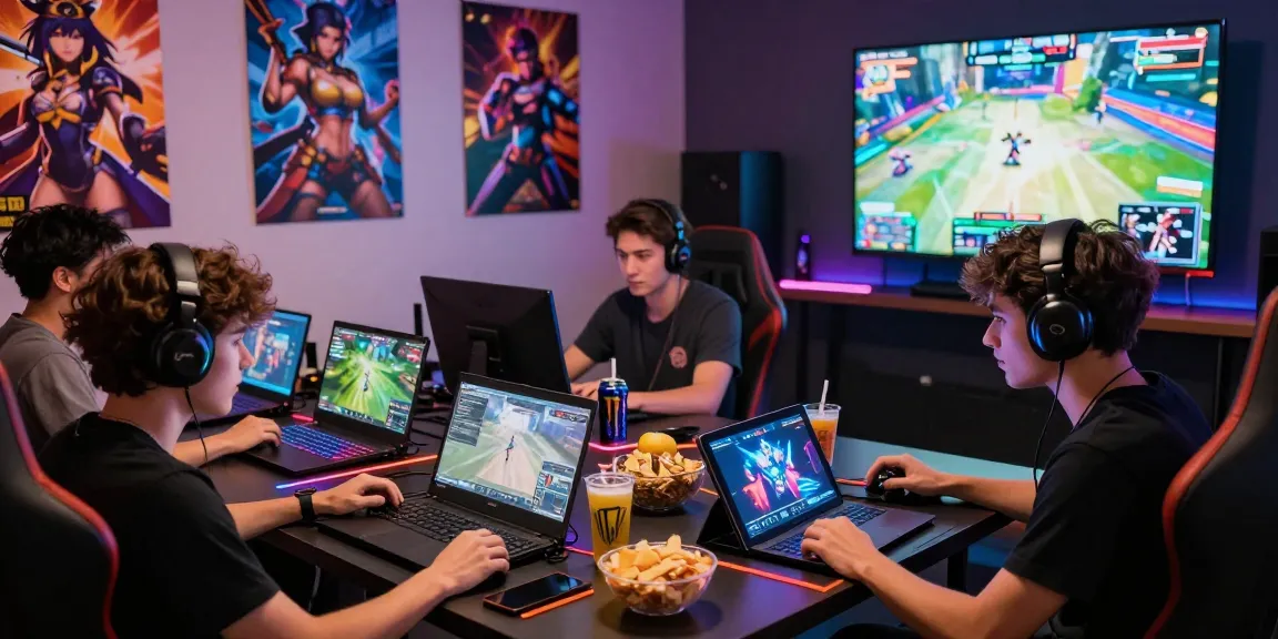 Engaged gamers playing a variety of hentai games in an inviting gaming room.