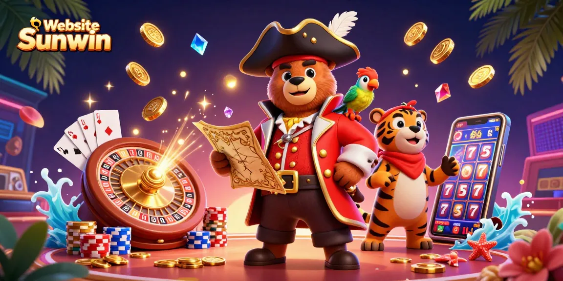 Experience exciting gameplay at Website Sunwin with dynamic casino characters amidst spinning roulette and sparkling gems.