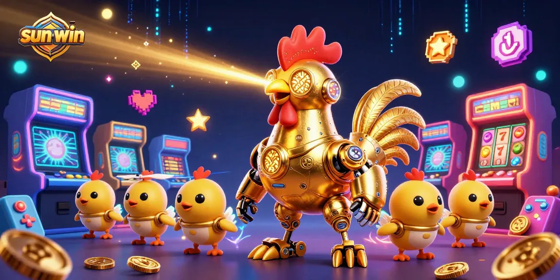 Engage in thrilling gameplay with sun-win's vibrant golden rooster robot and cartoon elements.