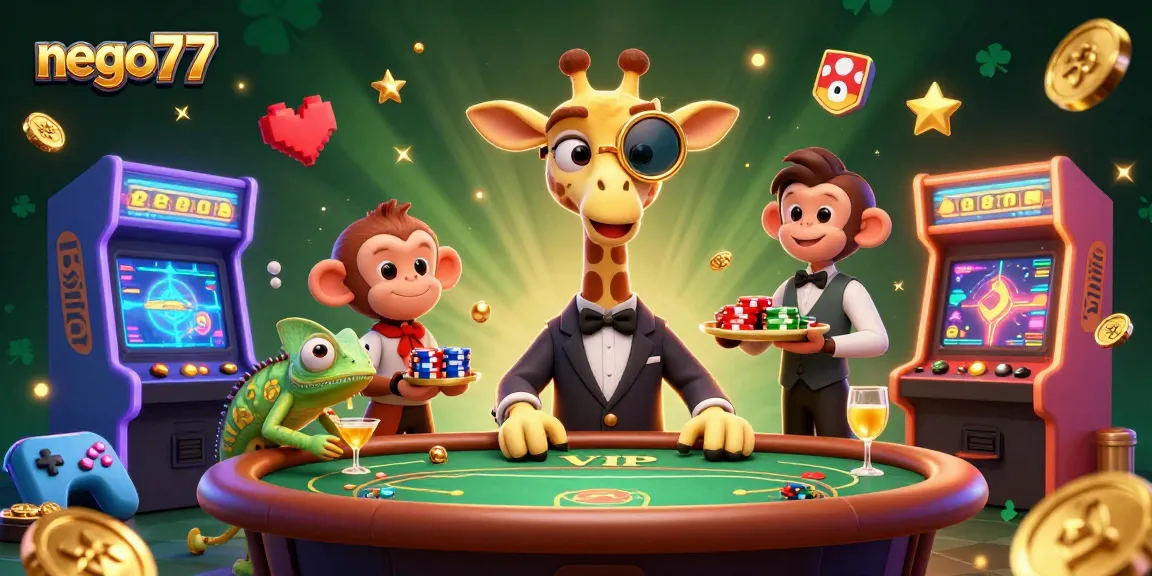Experience exciting wins with nego77 at the vibrant casino featuring a high-roller giraffe and gaming elements.
