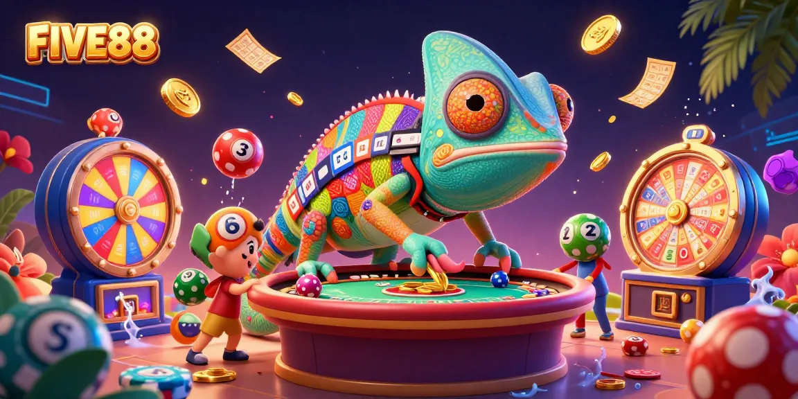 Experience thrilling gameplay at FIVE88 with a 3D chameleon casino owner amidst vibrant lottery elements.
