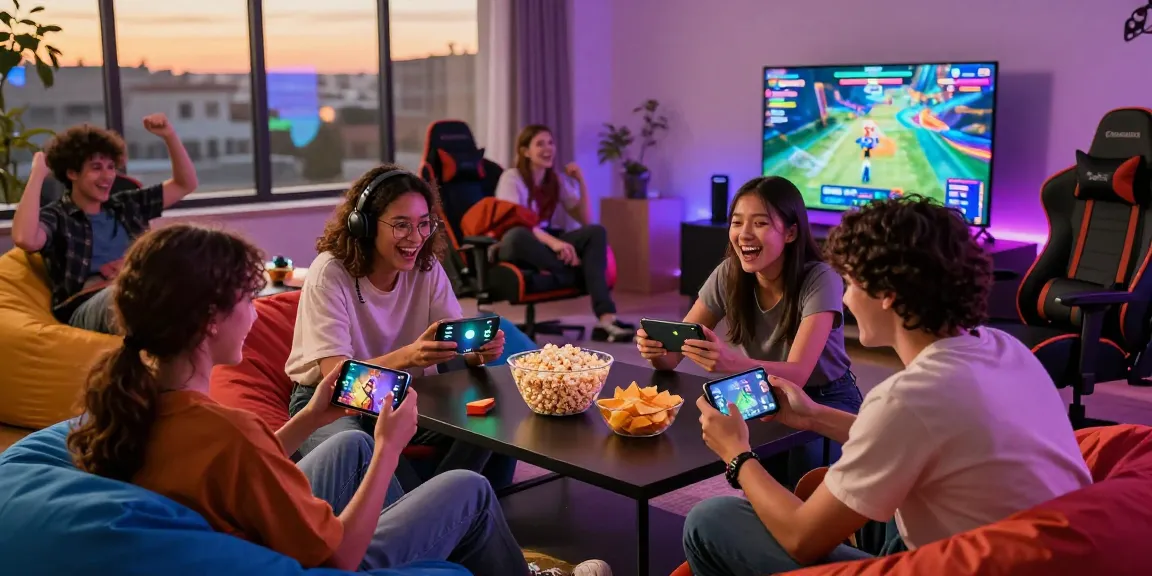 Group of friends enjoying APK games in a vibrant gaming lounge.