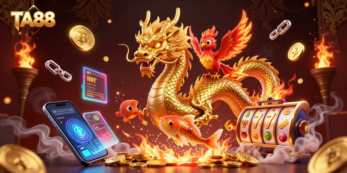 Engage with TA88's exciting gameplay illustrated by a Chinese dragon, phoenix, and koi amidst vibrant casino elements.
