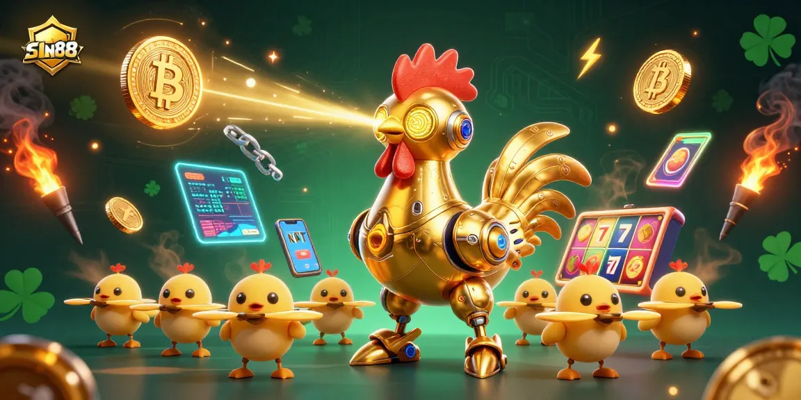 SIN88's exciting casino adventure with a vibrant golden rooster robot and crypto elements