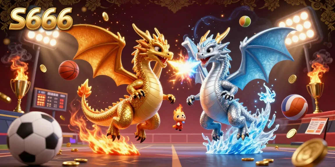 S666 enhances your winning potential with dynamic sports-themed 3D illustration featuring gold and silver dragons.