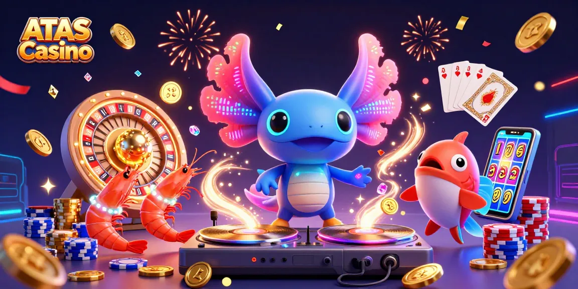 Experience vibrant gaming with ATAS Casino, featuring dynamic characters and iconic elements in a rich casino scene.